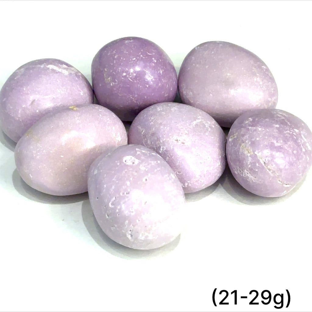 Tumbled Phosphosiderite gemstone in lavender tones on white background sizes (21-29g) overview