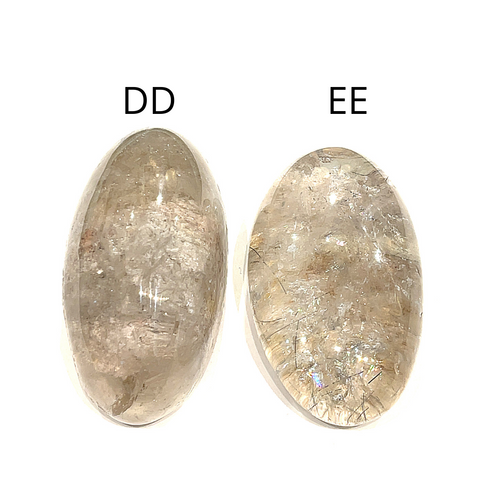 Two Brazilian Lodolite Garden Quartz palm gemstones, labeled DD and EE, are displayed on a white background in a front view. 