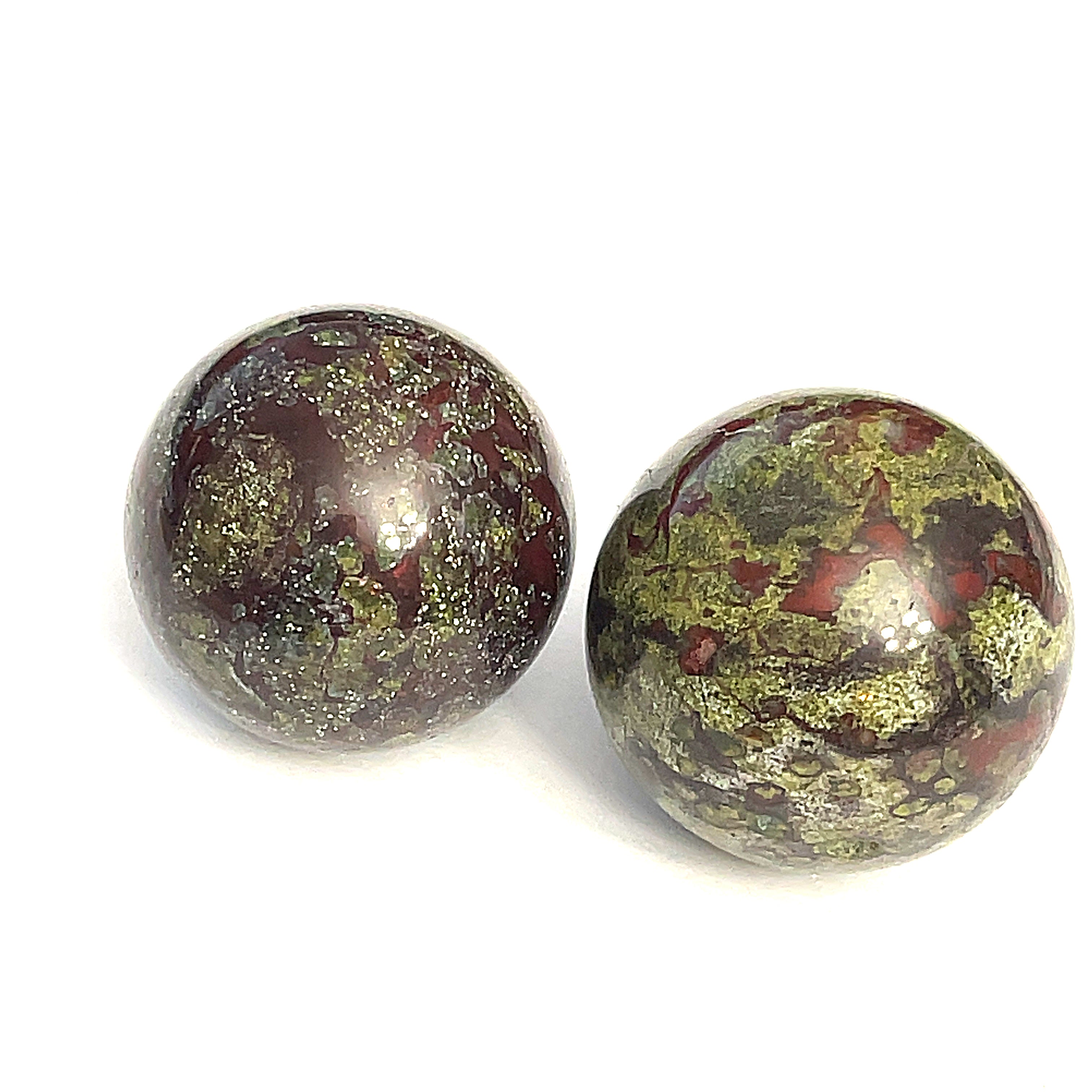 Two Dragon Blood Jasper gemstone spheres with a mix of red, green, and brown colors on a white background, front view.