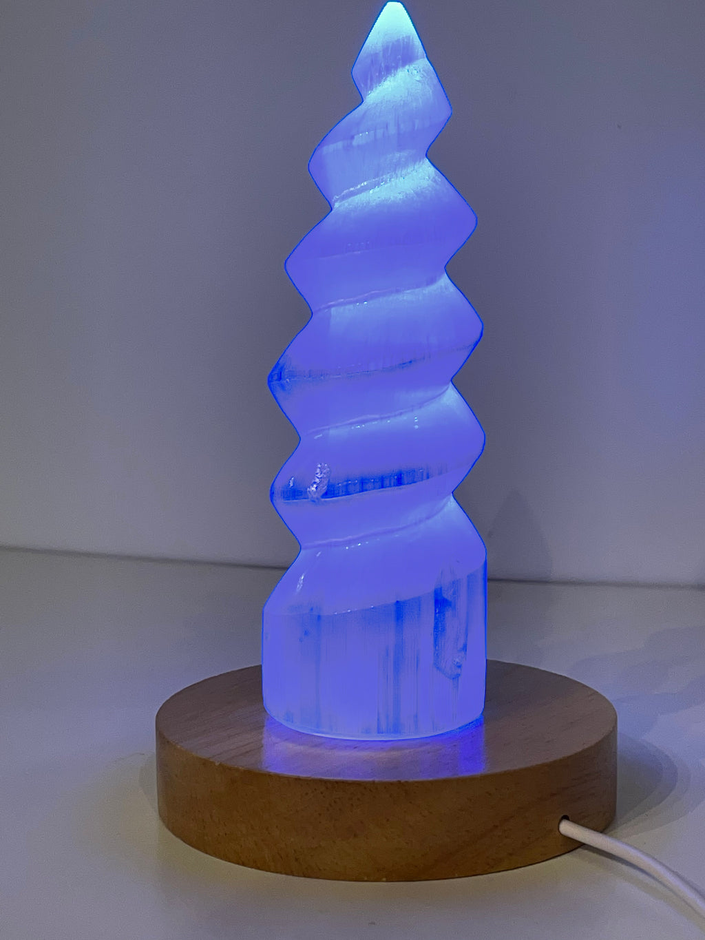 Selenite (Unicorn Horn carving)  Tower with  LED wooden light stand