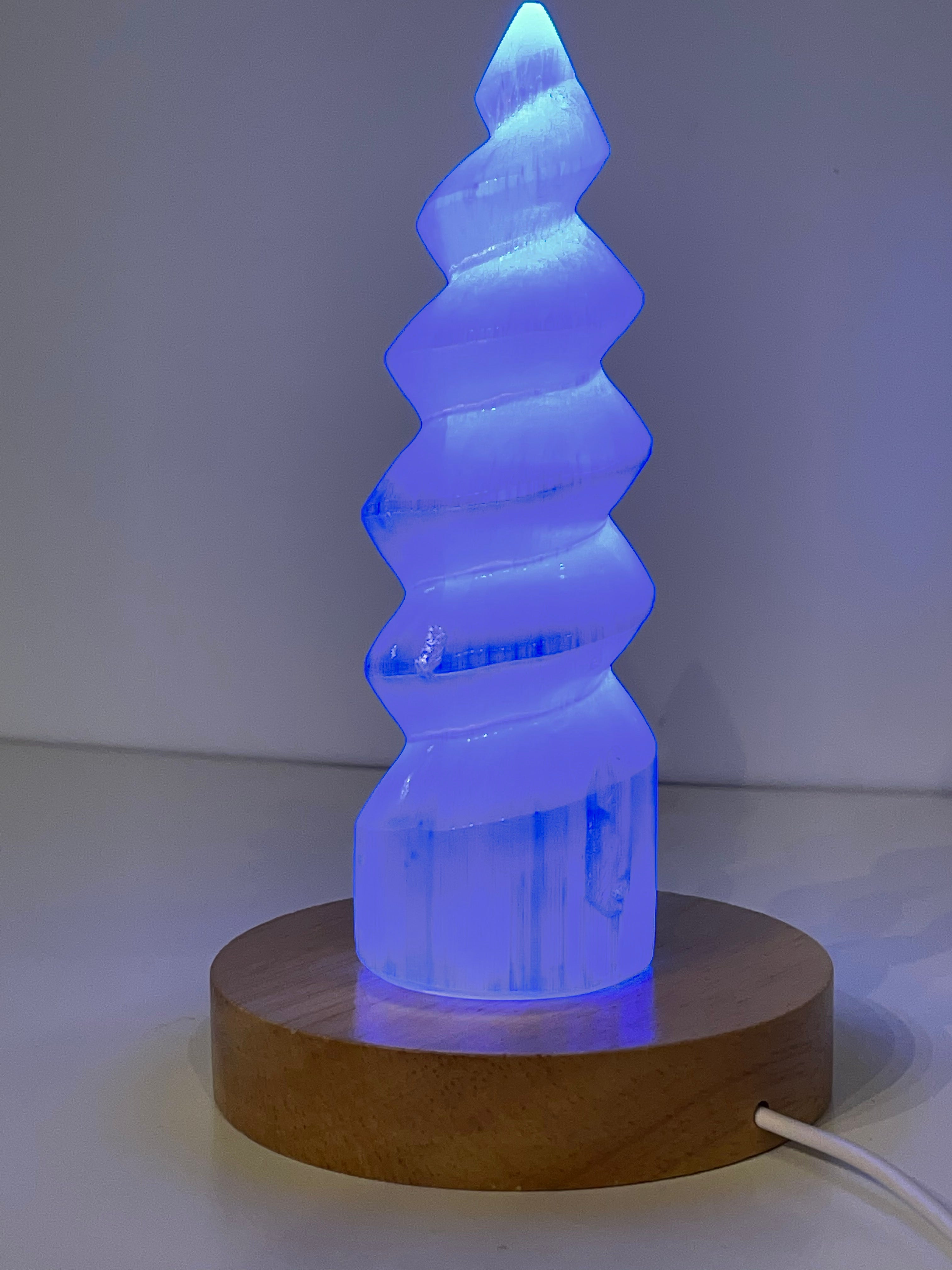 Selenite (Unicorn Horn carving)  Tower with  LED wooden light stand