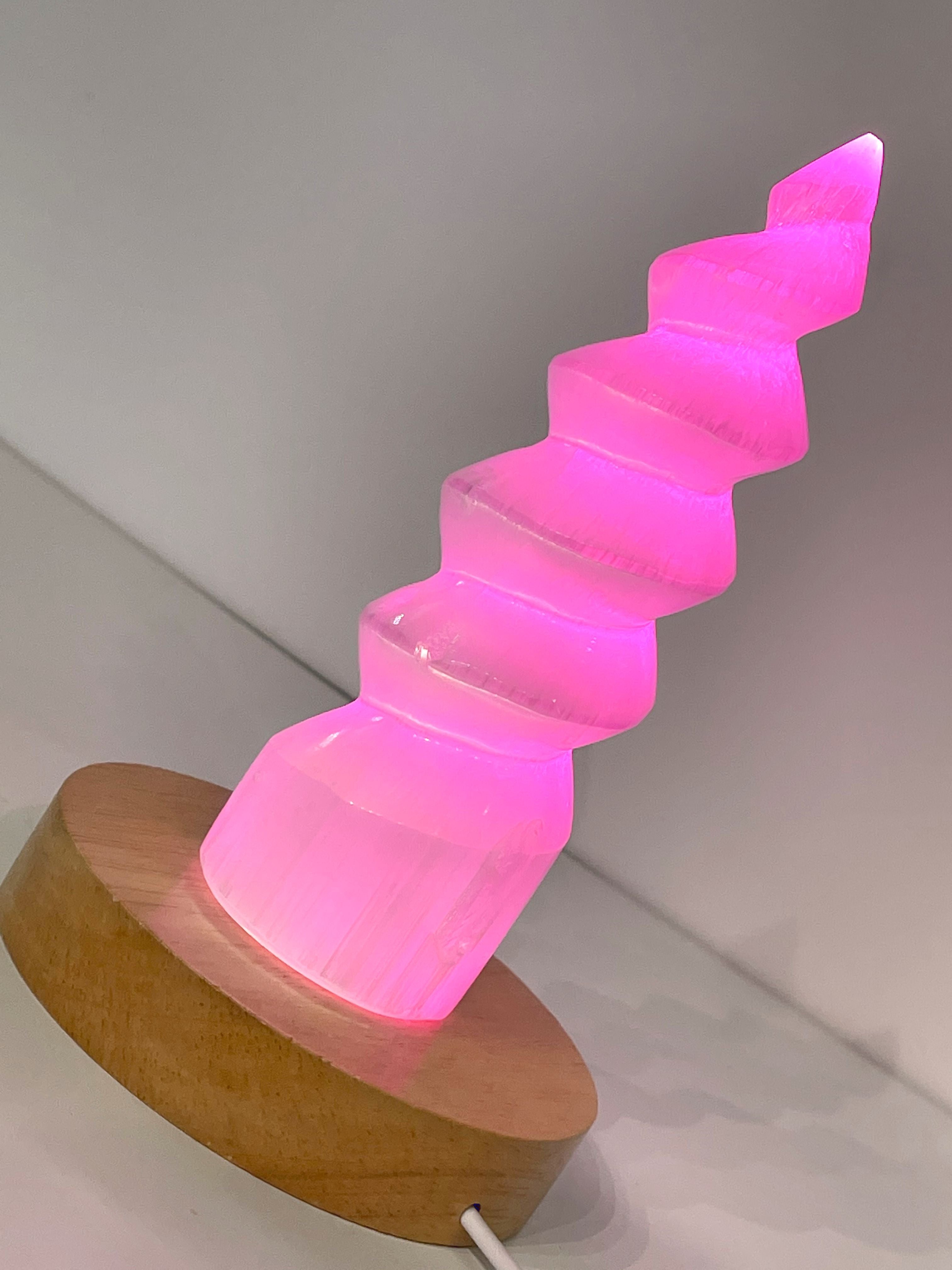 Selenite (Unicorn Horn carving)  Tower with  LED wooden light stand