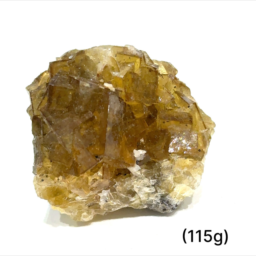 Yellow Fluorite raw clusters displayed on white background front overview sizes (115g) 