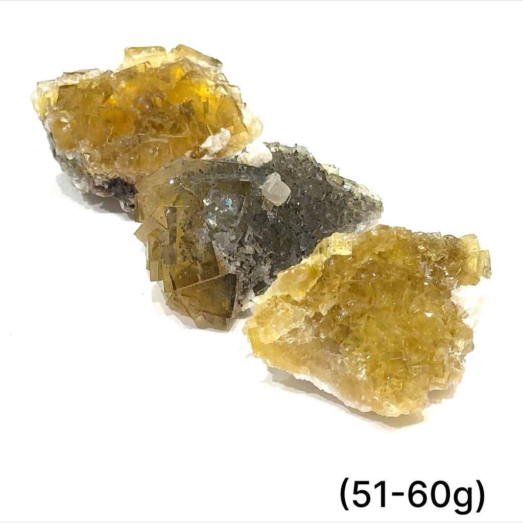 Yellow Fluorite raw clusters displayed on white background front overview sizes (51-60g)  