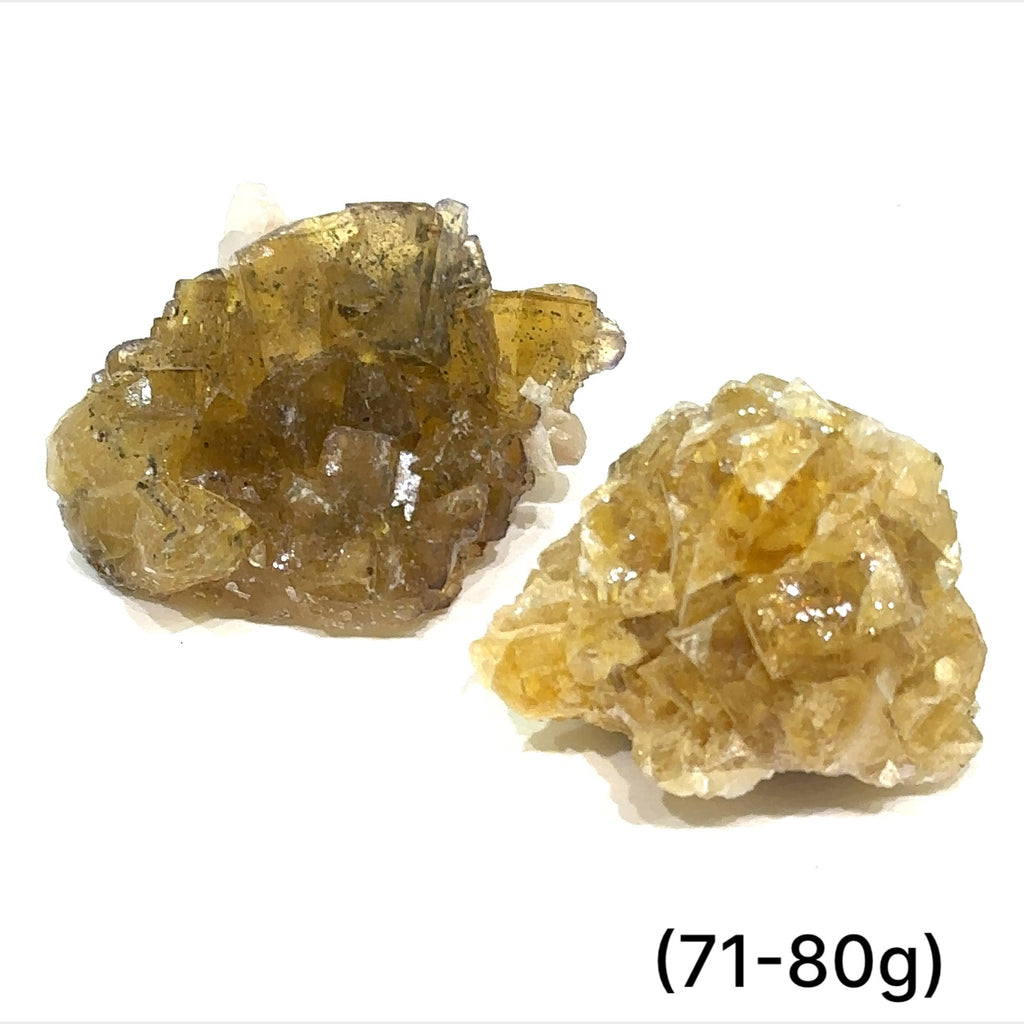 Yellow Fluorite raw clusters displayed on white background front overview sizes (71-80g) 