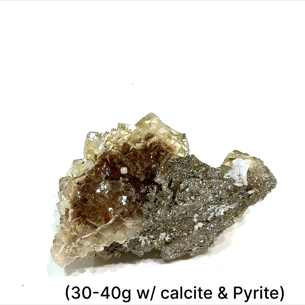 Yellow Fluorite raw clusters with calcite & Pyrite displayed on white background back overview sizes (30-40g)  