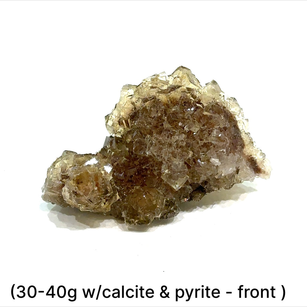 Yellow Fluorite raw clusters with calcite & Pyrite displayed on white background front overview sizes (30-40g) 