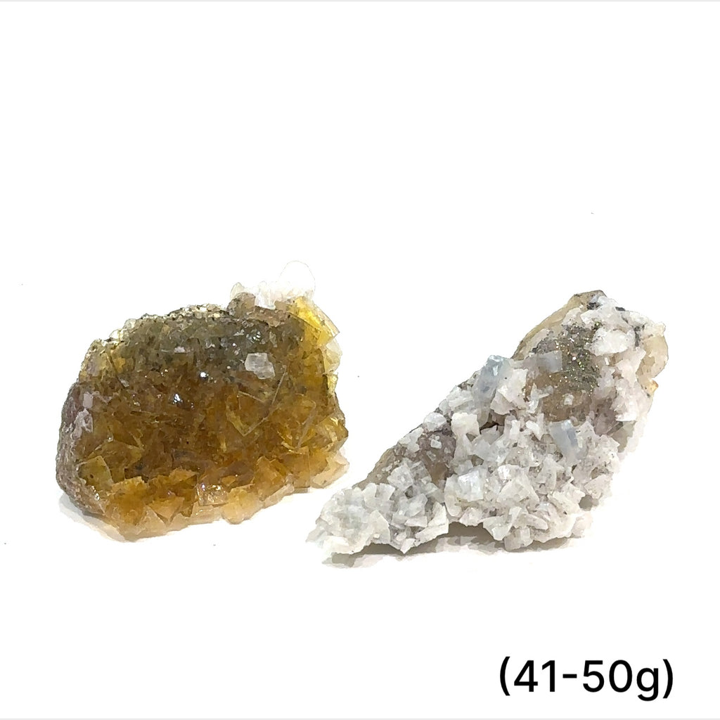 Yellow Fluorite raw clusters with calcite & Pyrite displayed on white background front overview sizes (41-50g)  