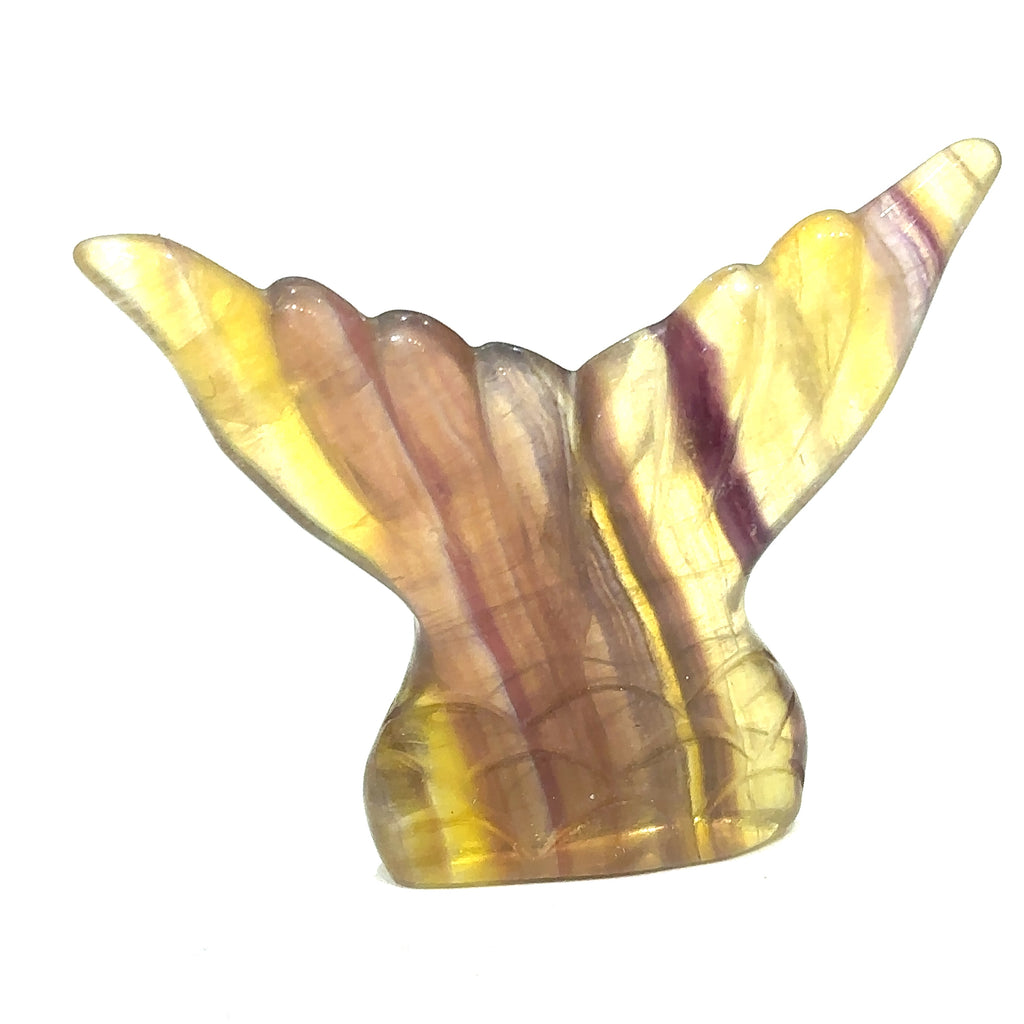 Yellow fluorite mermaid tail carving hand-carved from natural stone – ethically sourced healing crystal for peace and balance on white background front view.