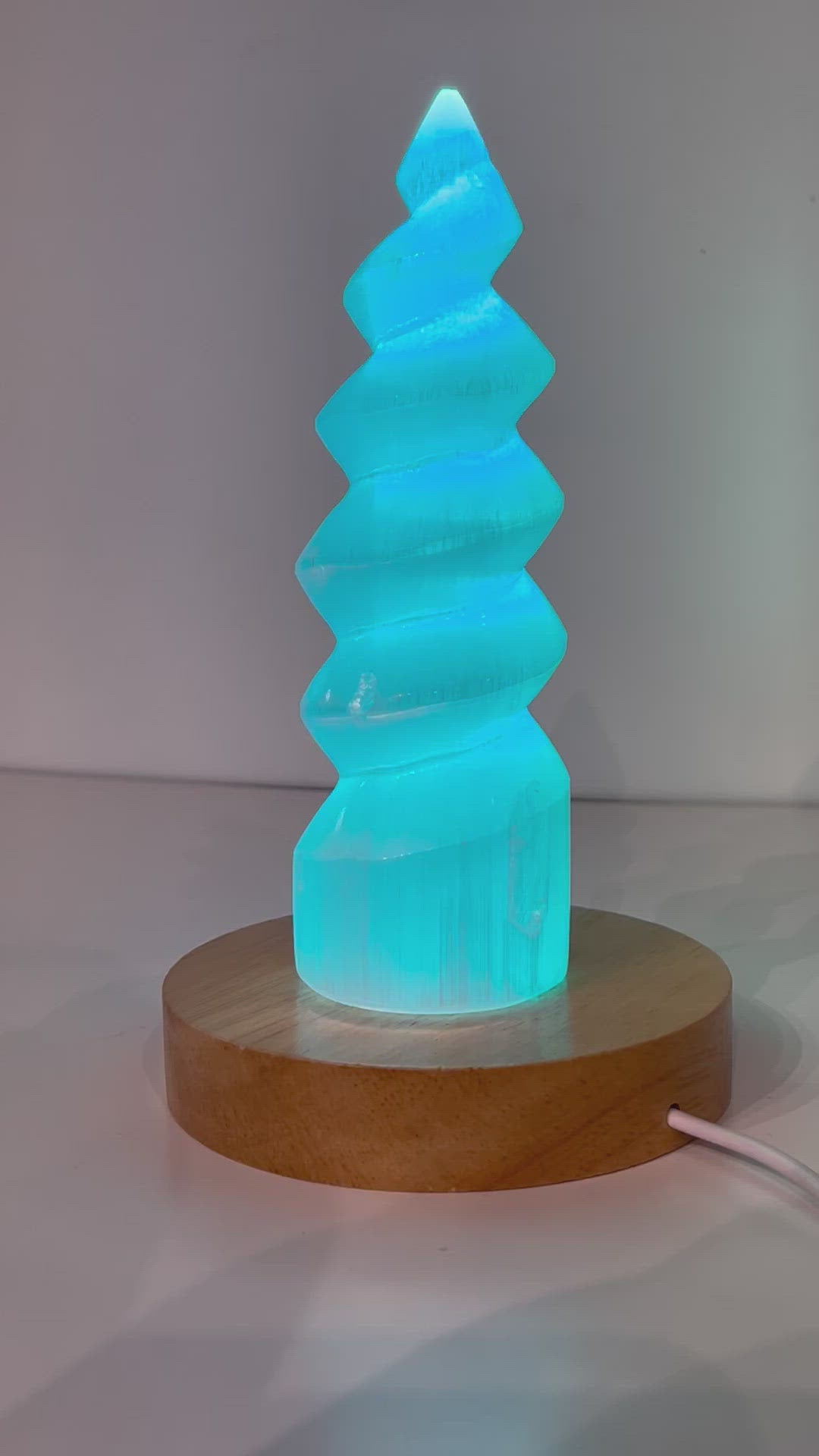 Selenite (Unicorn Horn carving)  Tower with  LED wooden light stand