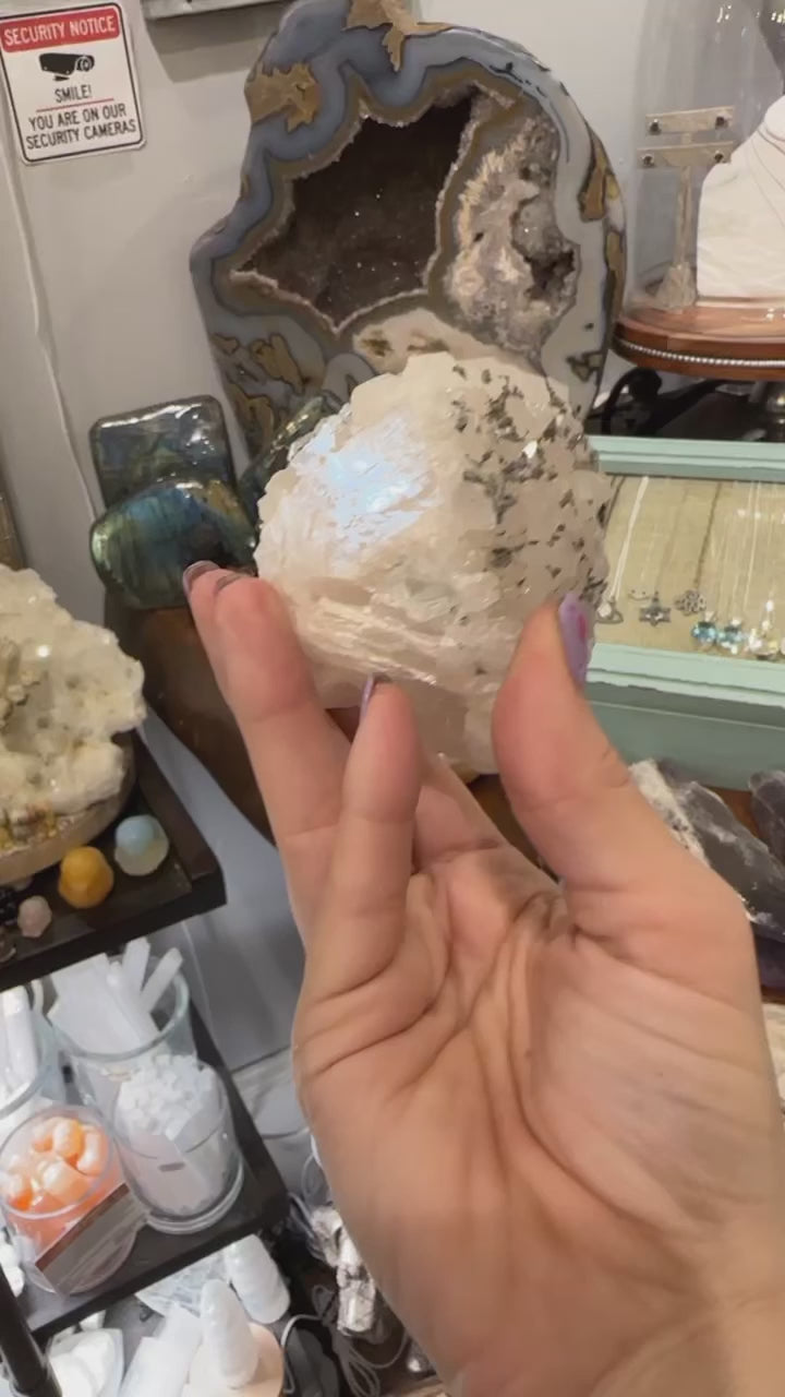 Hand holding Calcite over Fluorite with Pyrite crystal cluster in natural light on white background, front view video