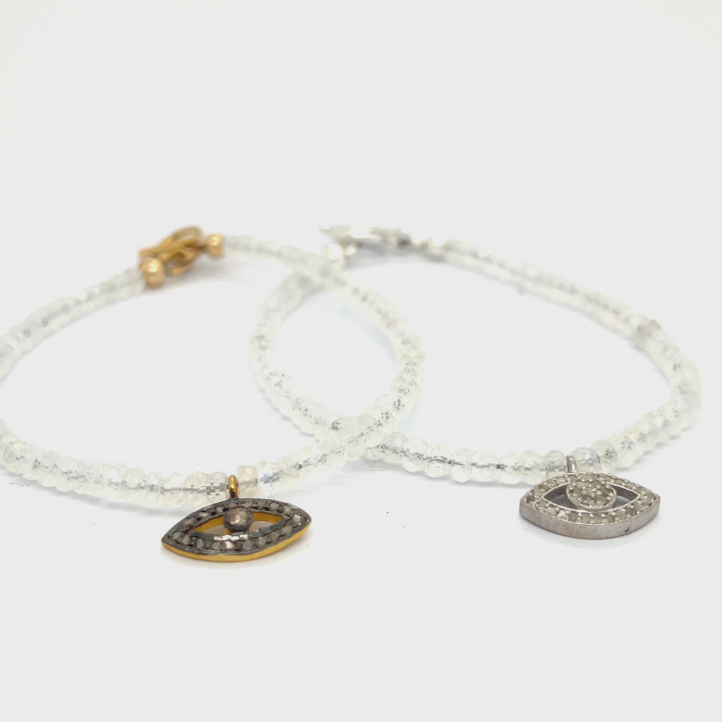 Rainbow Moonstone with a gold filled paved diamond evil eye charm beaded bracelet