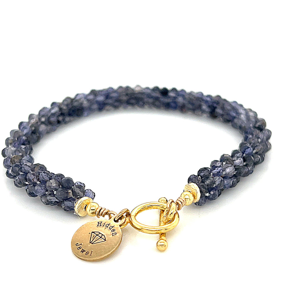 Iolite gemstone crocheted bracelet with gold filled toggle