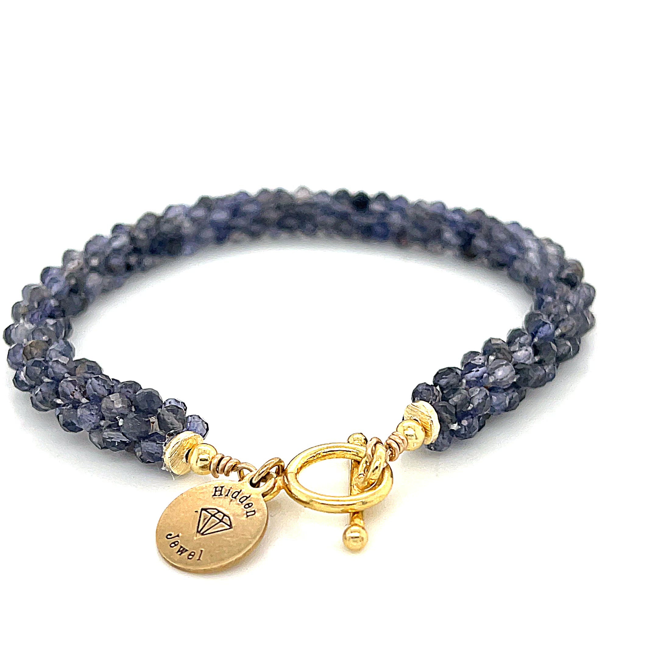 Iolite gemstone crocheted bracelet with gold filled toggle
