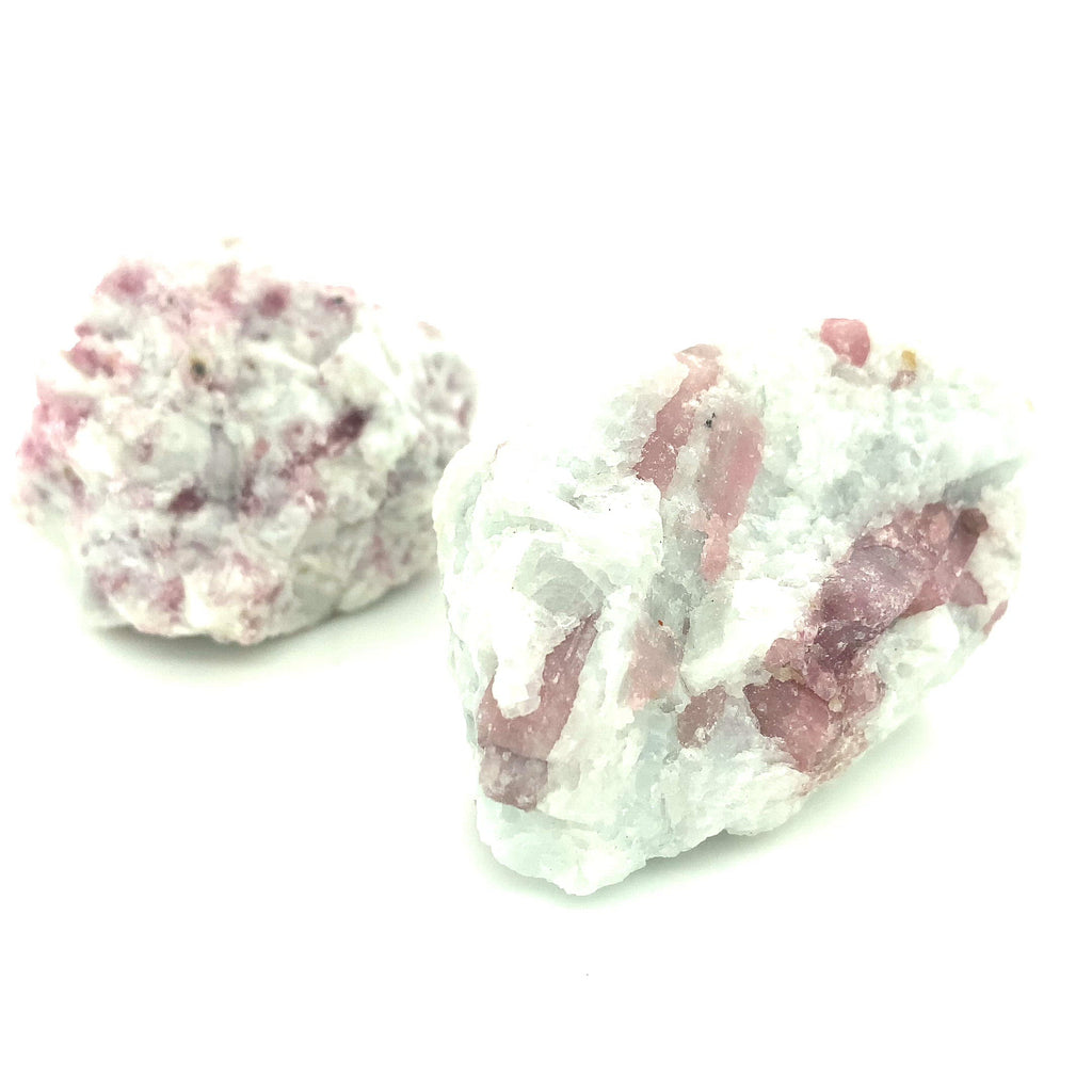 Two pieces of Rubellite Tourmaline in a Feldspar on a white background), front view.