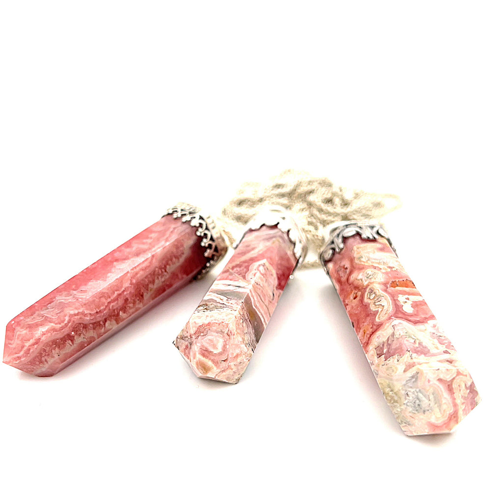 Rhodochrosite gemstone pendant on sterling silver chain necklace