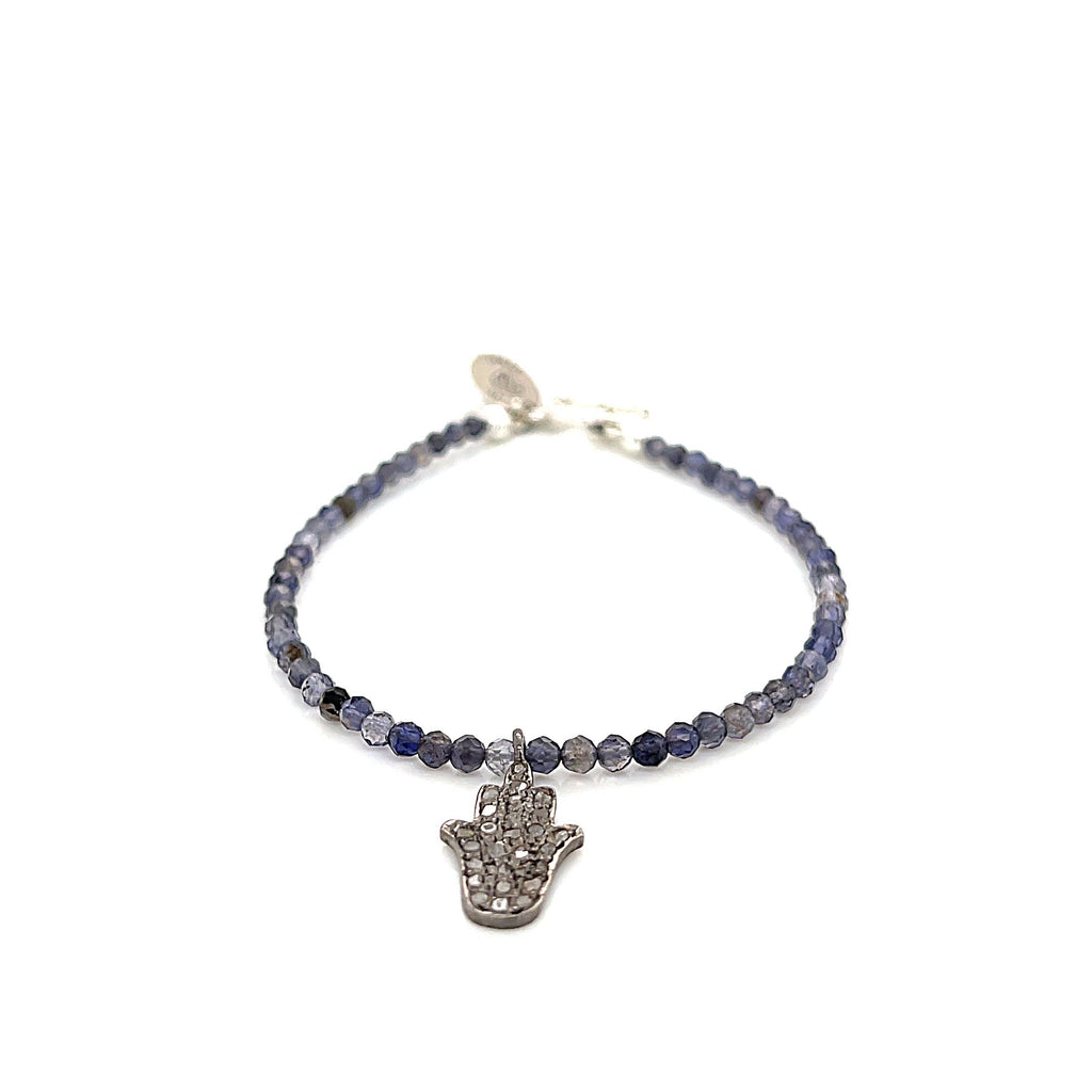Iolite gemstone bracelet with  Diamond Hamsa pendant