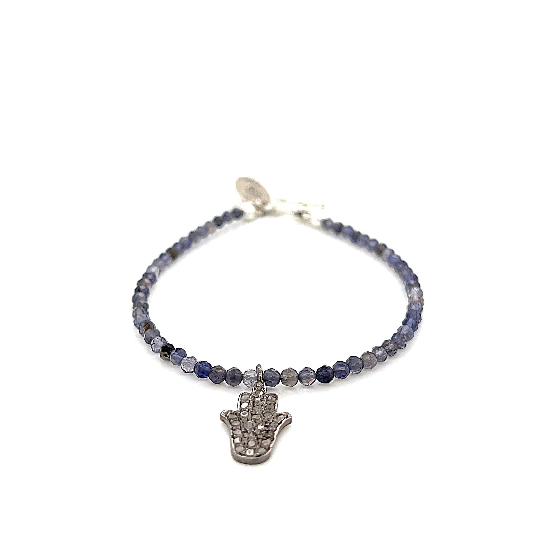Iolite gemstone bracelet with  Diamond Hamsa pendant