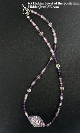 Amethyst and Clear Quartz beaded gemstone necklace with a Blown Glass Centerpiece, jewelry