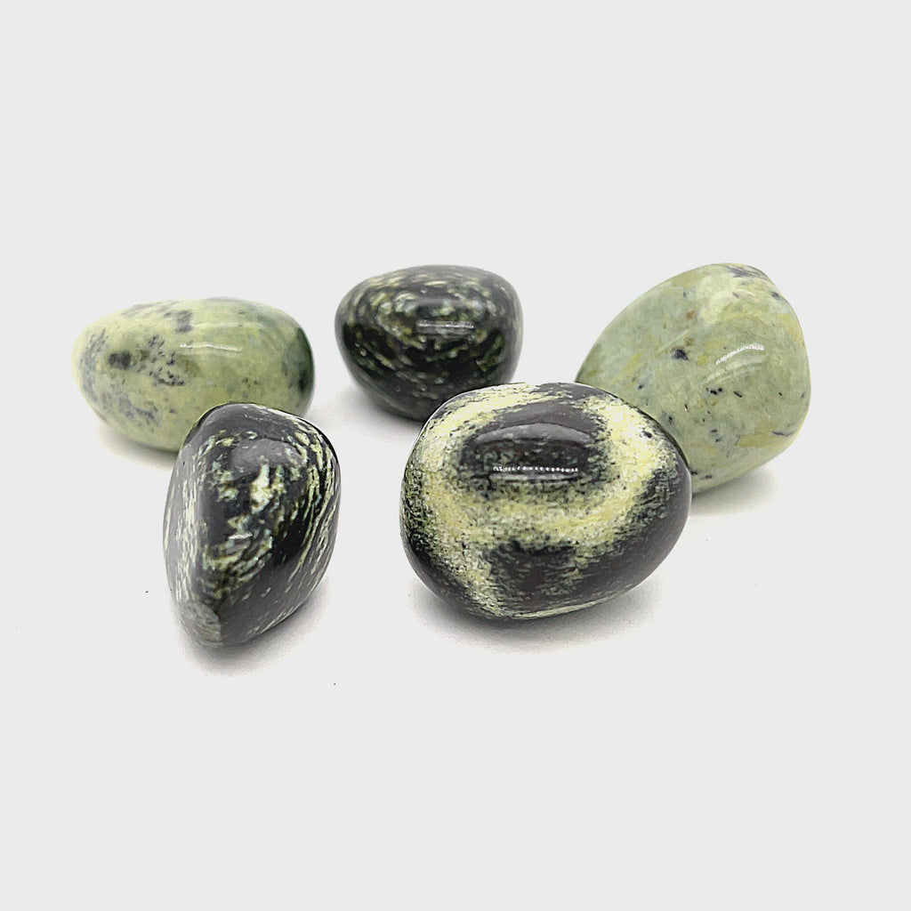 A collection of tumbled Chytha gemstones with a greenish hue, displayed on a white background, front overview. video
