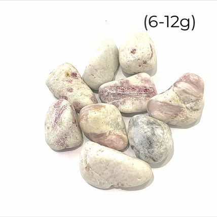 A collection of pink tourmaline in feldspar gemstones with a milky white color and scattered pink inclusions on a white background size (6-12g)