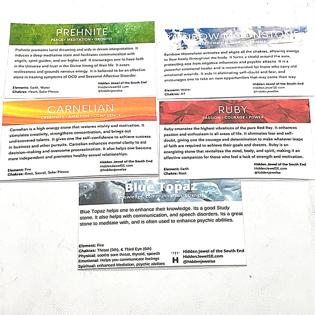 five of the Gemstone information cards included with every order on a white background, front overview. 