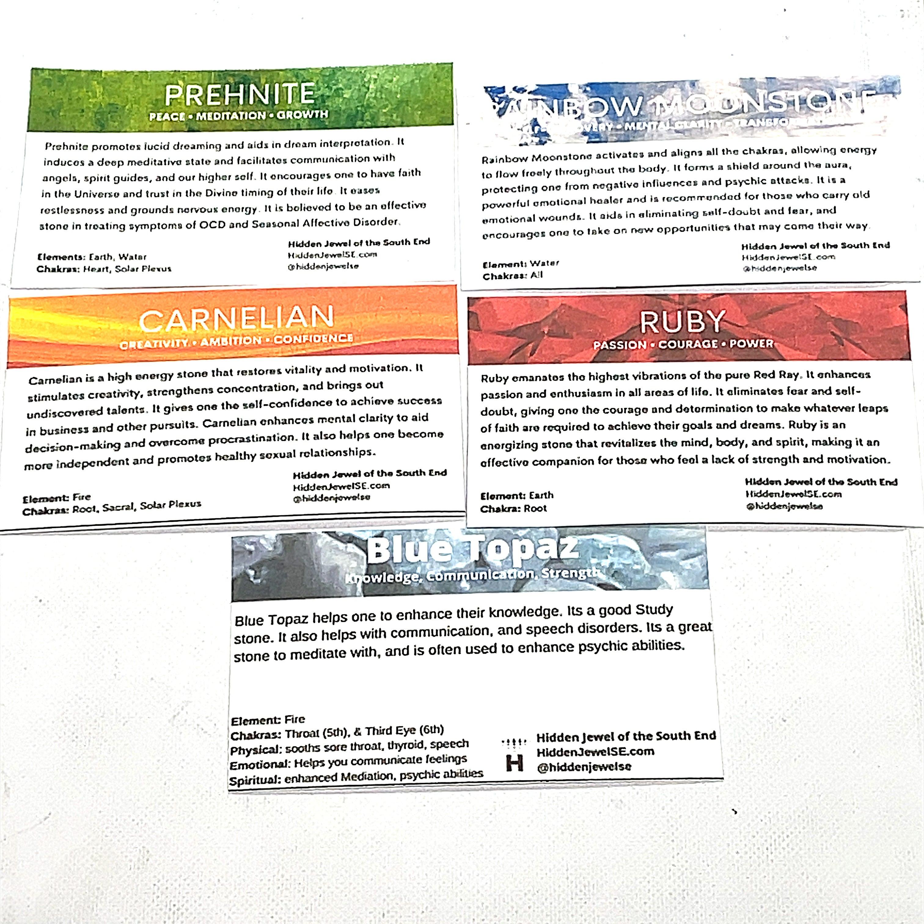 five of the Gemstone information cards included with every order on a white background, front overview. 