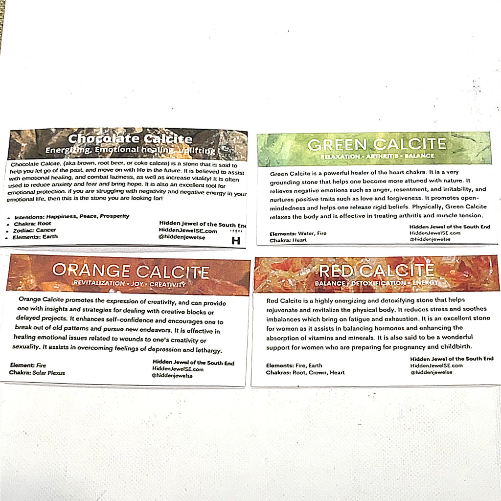four of the Gemstone information cards included with every order on a white background, front overview. 
