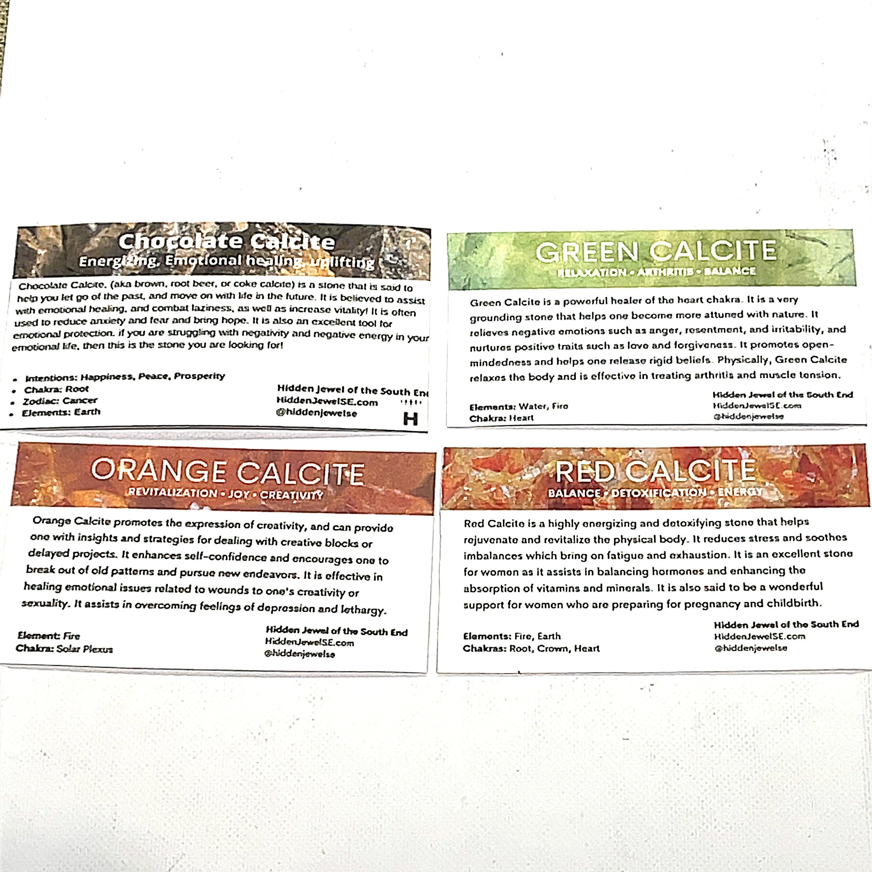 four of the Gemstone information cards included with every order on a white background, front overview. 