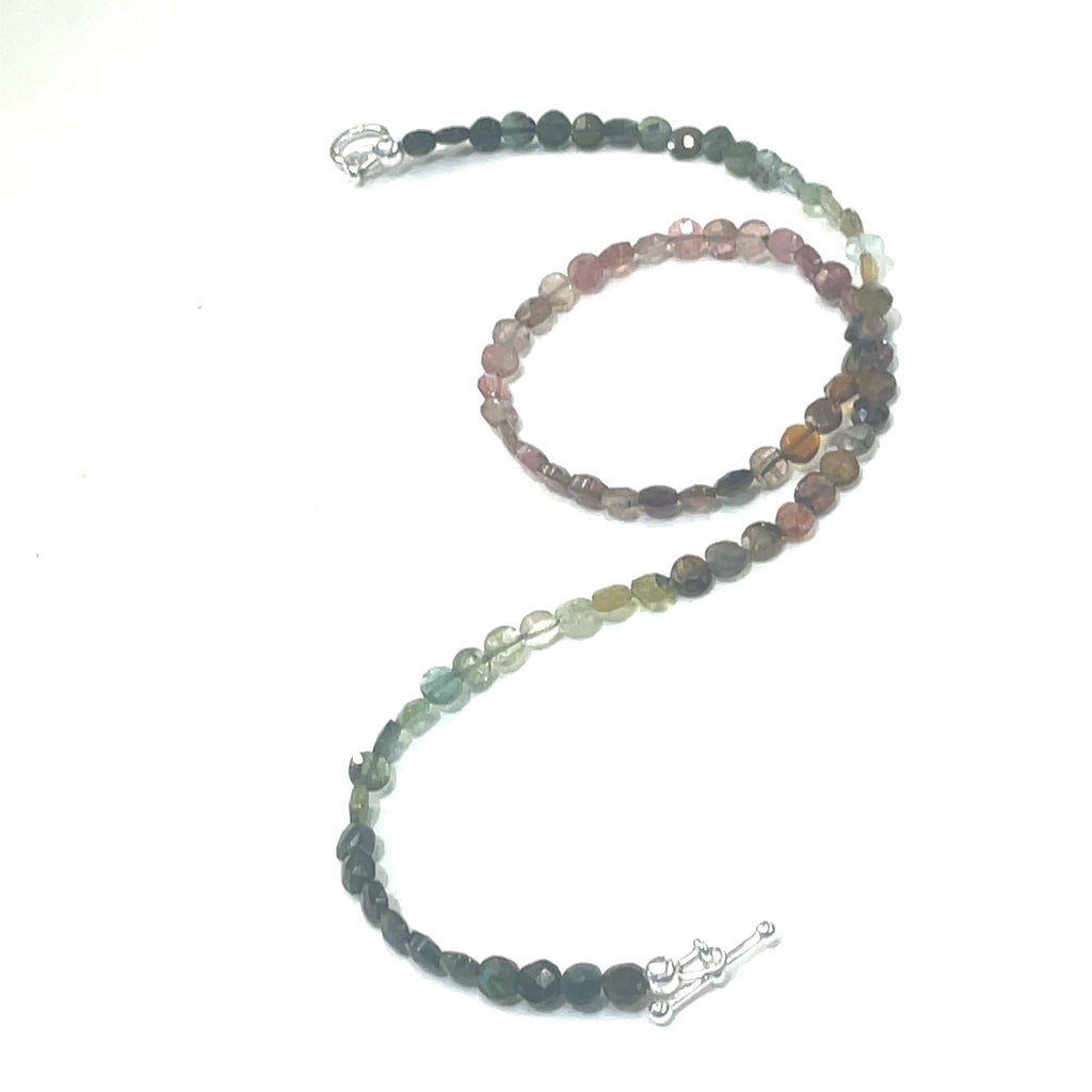 Handcrafted Watermelon Tourmaline gemstone necklace with sterling silver accents by Hidden Jewel on a white background center front long overview