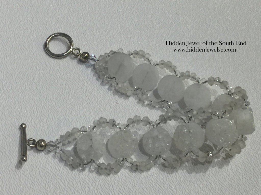 White Druzy & Moonstone Beaded Bracelet: Sterling Silver Clasp, Size 7