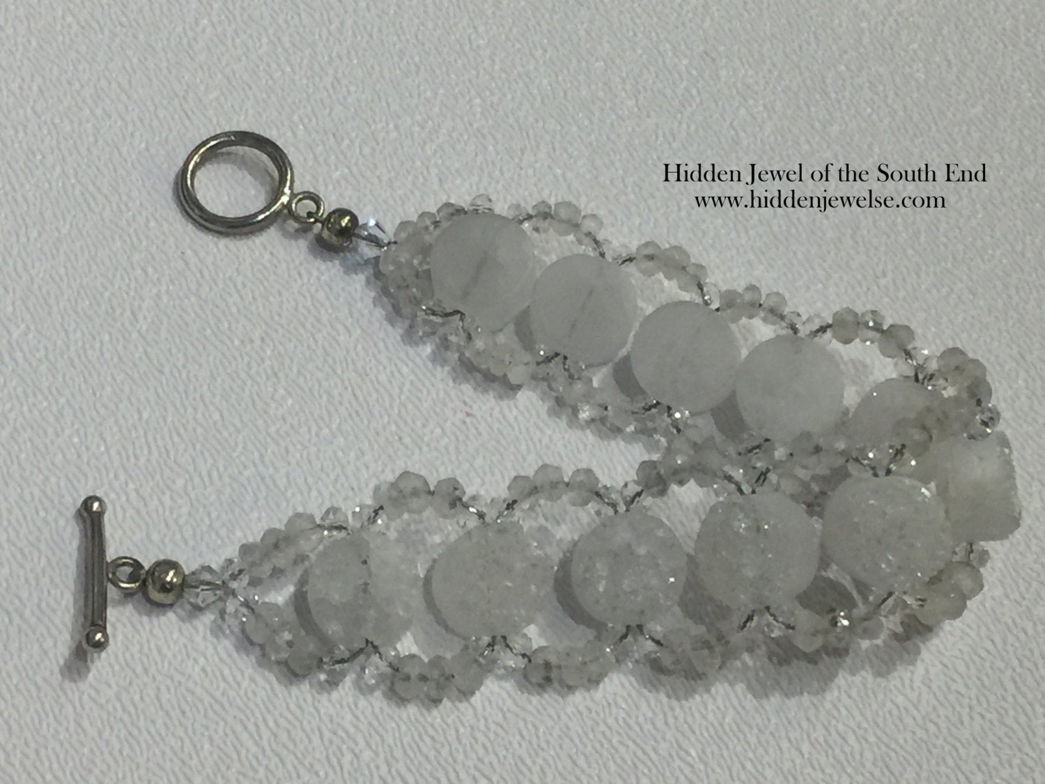 White Druzy & Moonstone Beaded Bracelet: Sterling Silver Clasp, Size 7