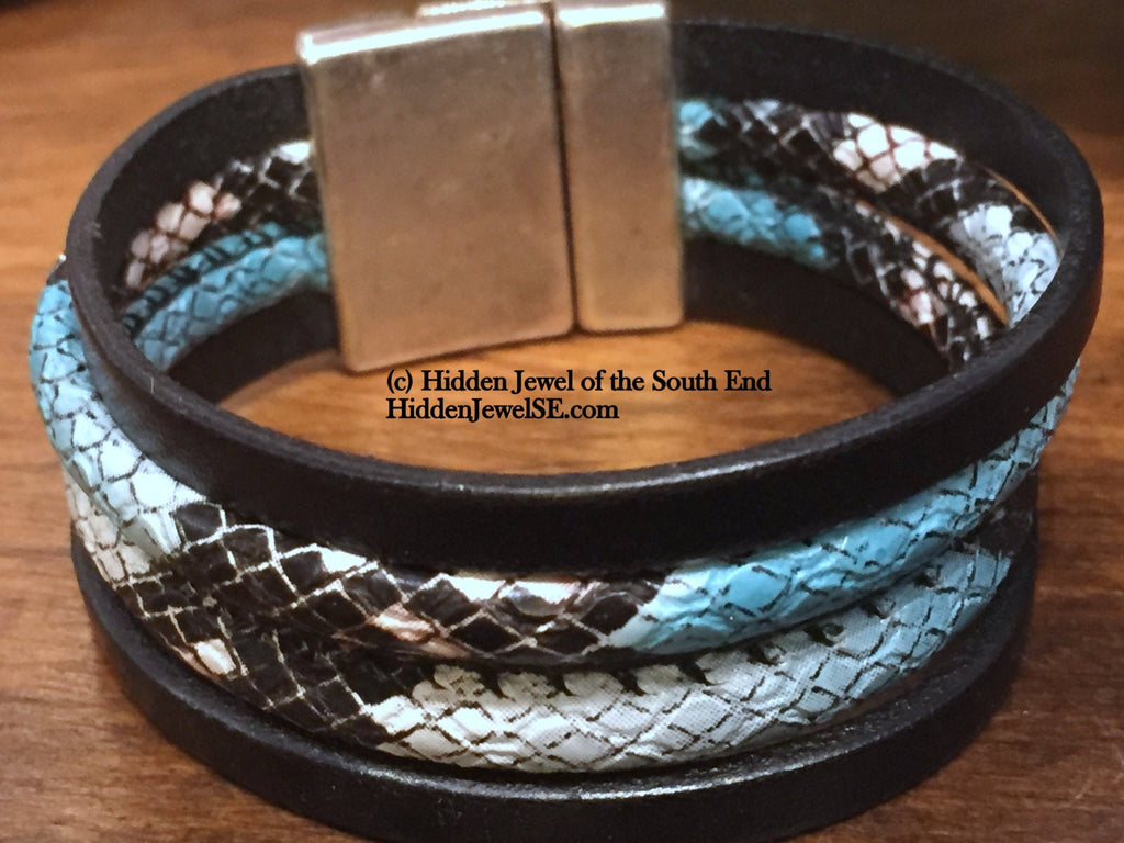 Blue and Black Bangle with Snake patterned Bracelet, leather bangle
