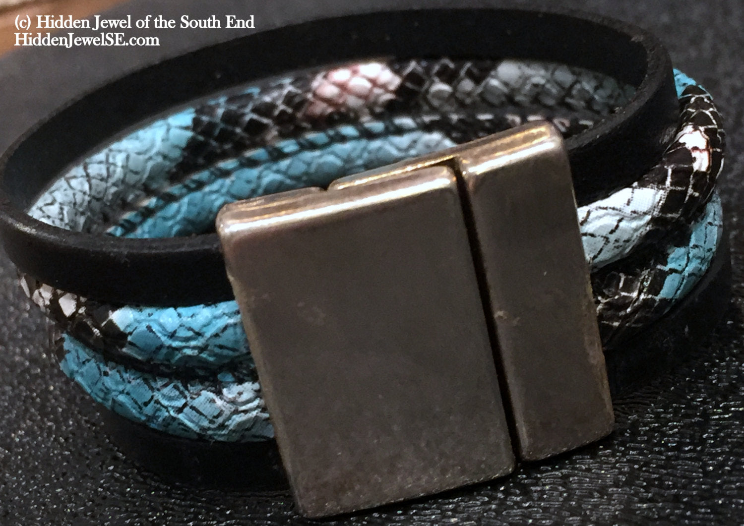 Blue and Black Bangle with Snake patterned Bracelet, leather bangle