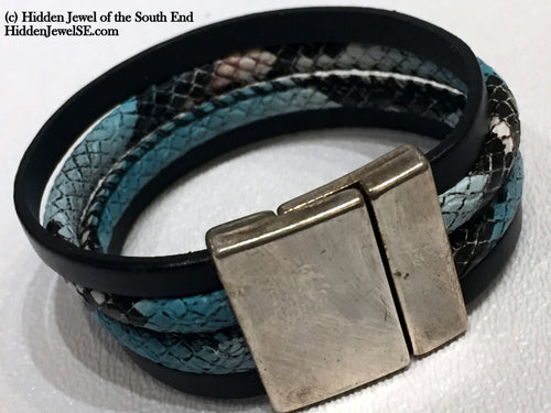 Blue and Black Bangle with Snake patterned Bracelet, leather bangle