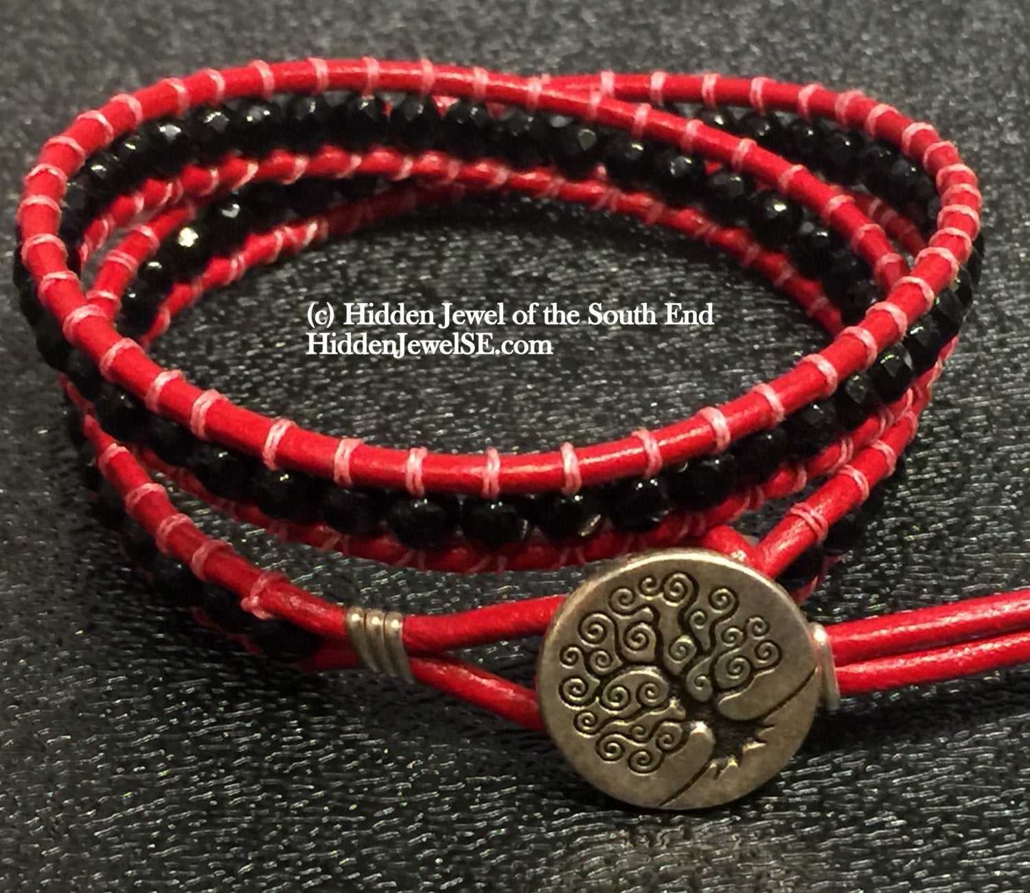 Red and Black Faceted Onyx Leather Wrap Bracelet, Similar to ChanLuu