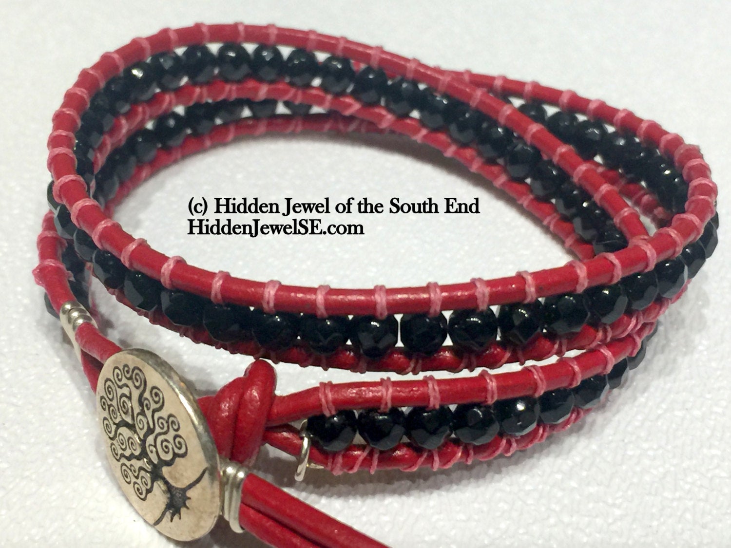Red and Black Faceted Onyx Leather Wrap Bracelet, Similar to ChanLuu
