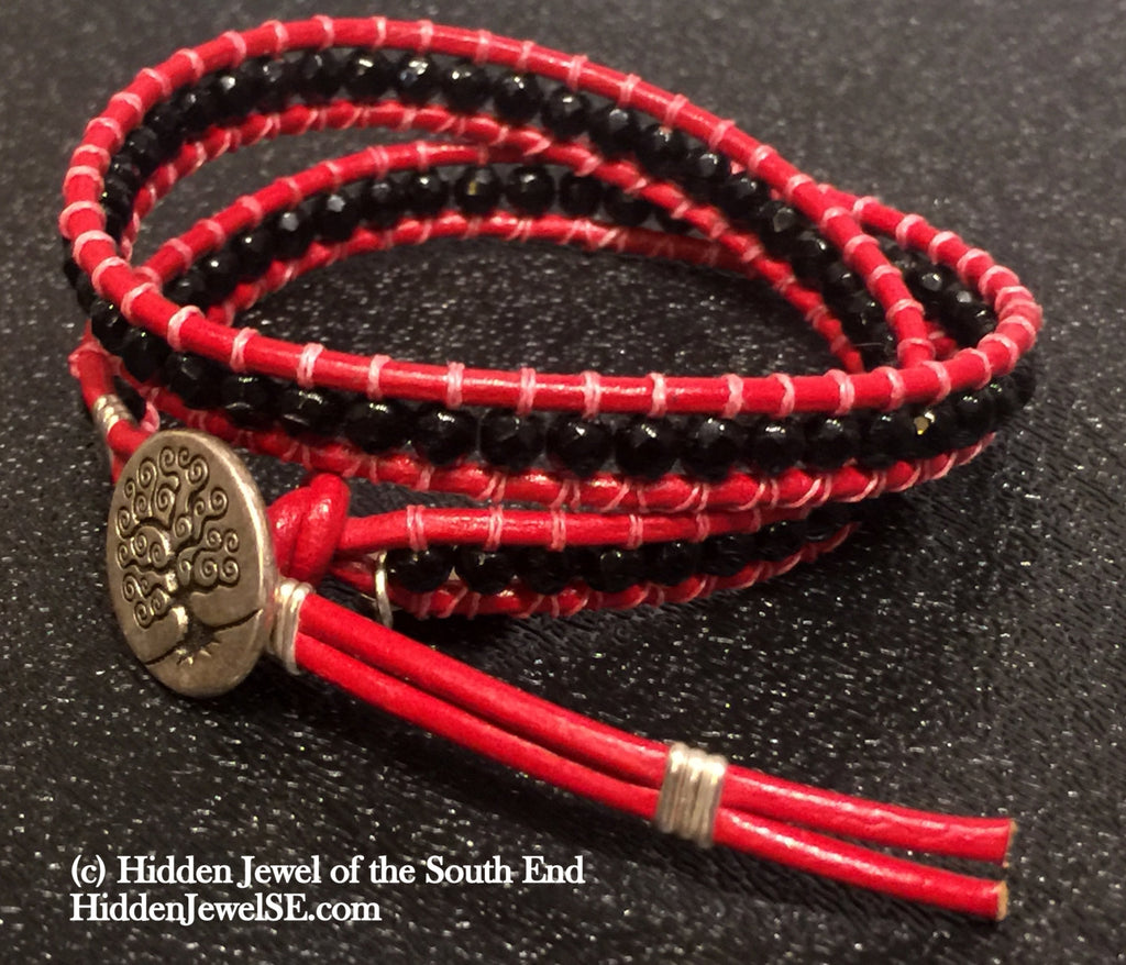 Red and Black Faceted Onyx Leather Wrap Bracelet, Similar to ChanLuu