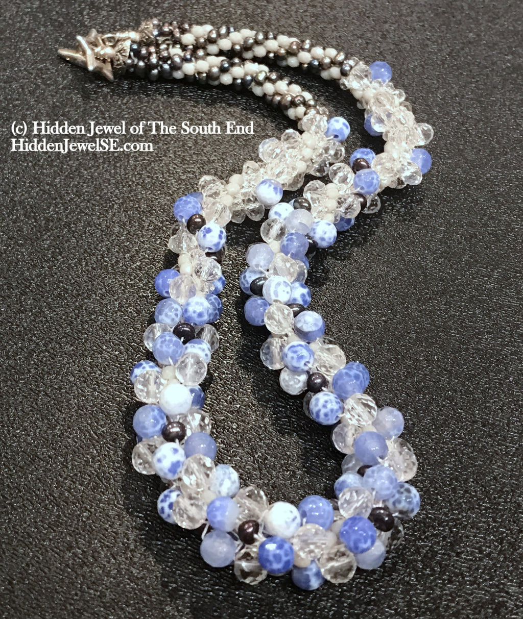 Cracked Agate, Pearl, seed bead, and Rock Crystal Crocheted Necklace