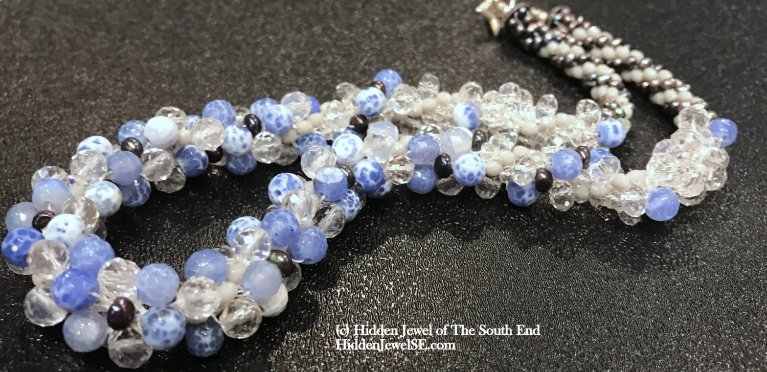 Cracked Agate, Pearl, seed bead, and Rock Crystal Crocheted Necklace