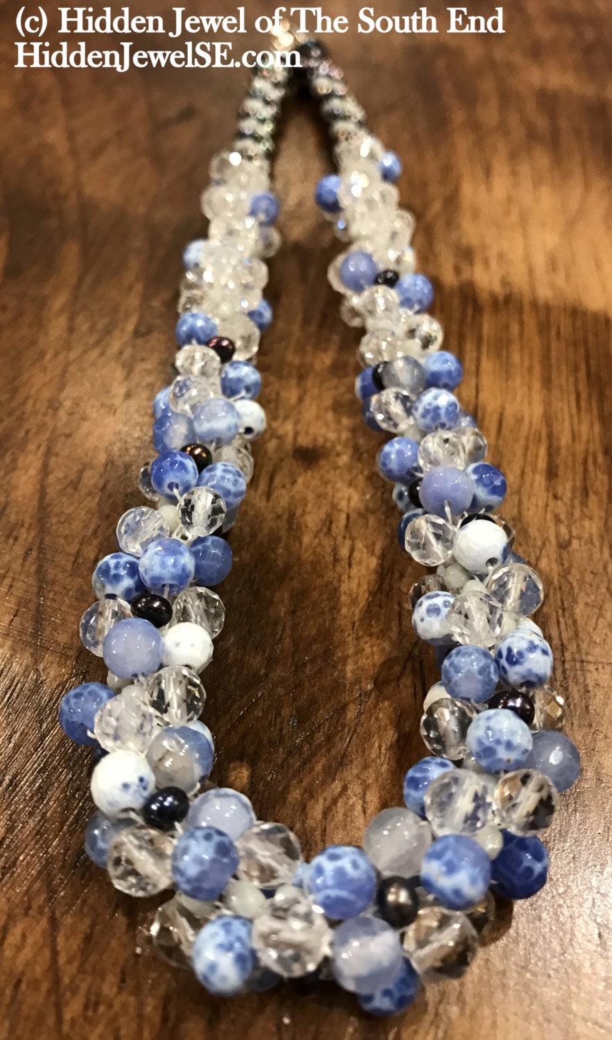 Cracked Agate, Pearl, seed bead, and Rock Crystal Crocheted Necklace