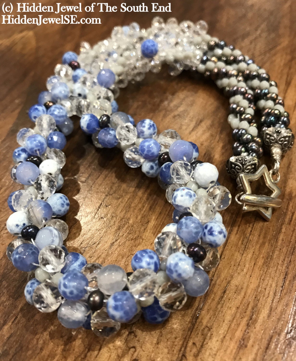 Cracked Agate, Pearl, seed bead, and Rock Crystal Crocheted Necklace