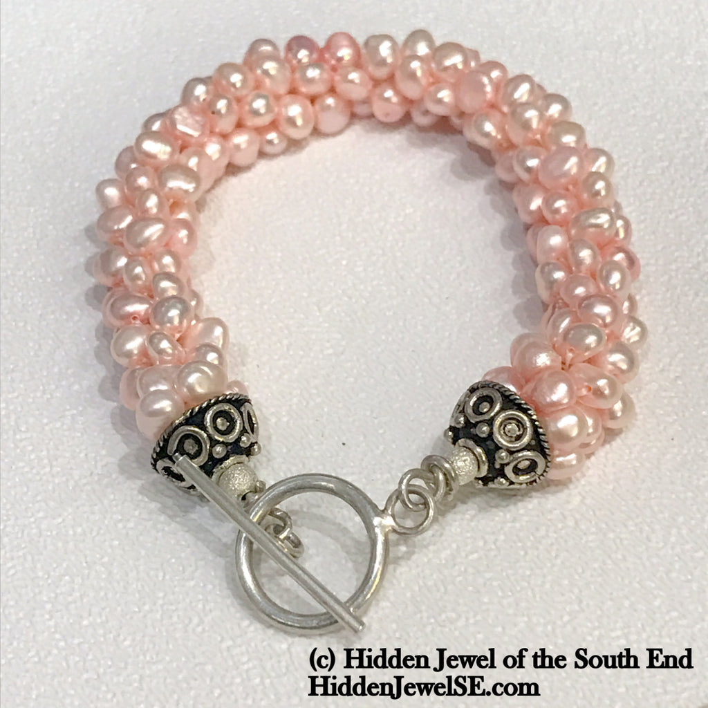 Peach Fresh-water Pearl crocheted bracelet, pink bangle