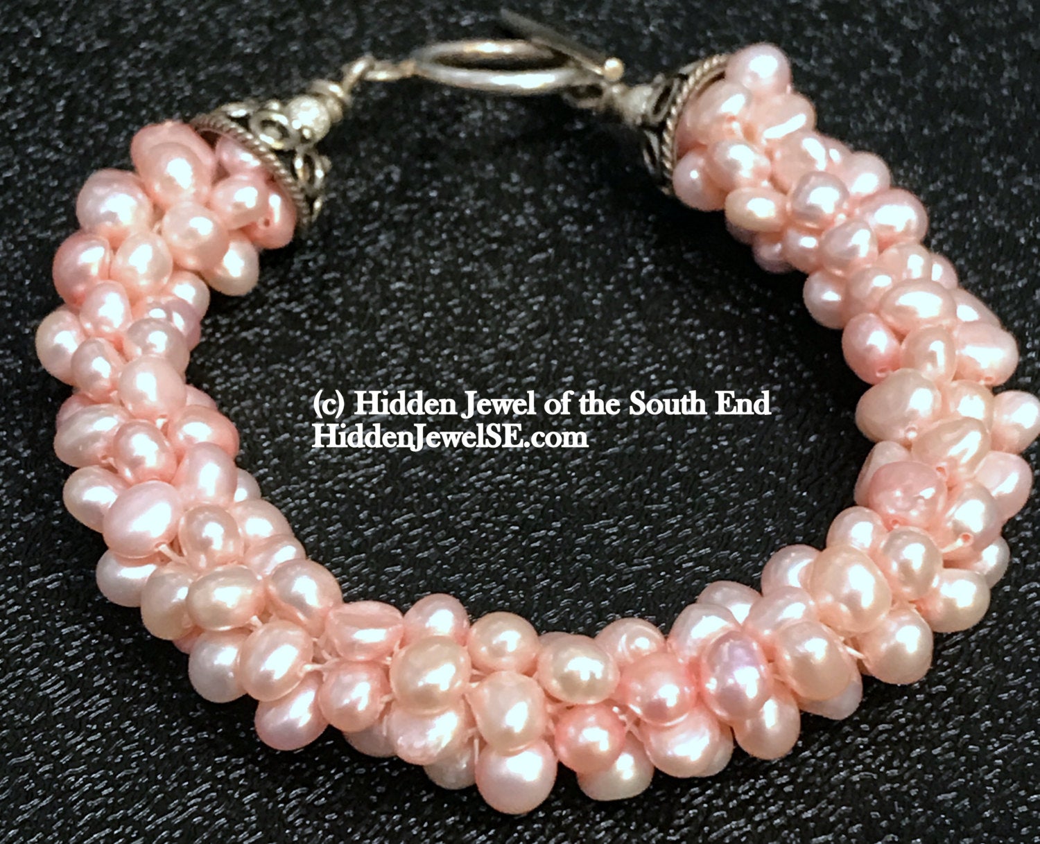 Peach Fresh-water Pearl crocheted bracelet, pink bangle