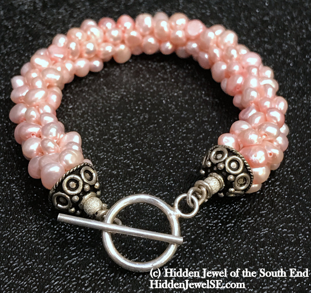 Peach Fresh-water Pearl crocheted bracelet, pink bangle