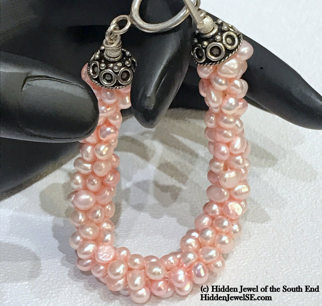 Peach Fresh-water Pearl crocheted bracelet, pink bangle