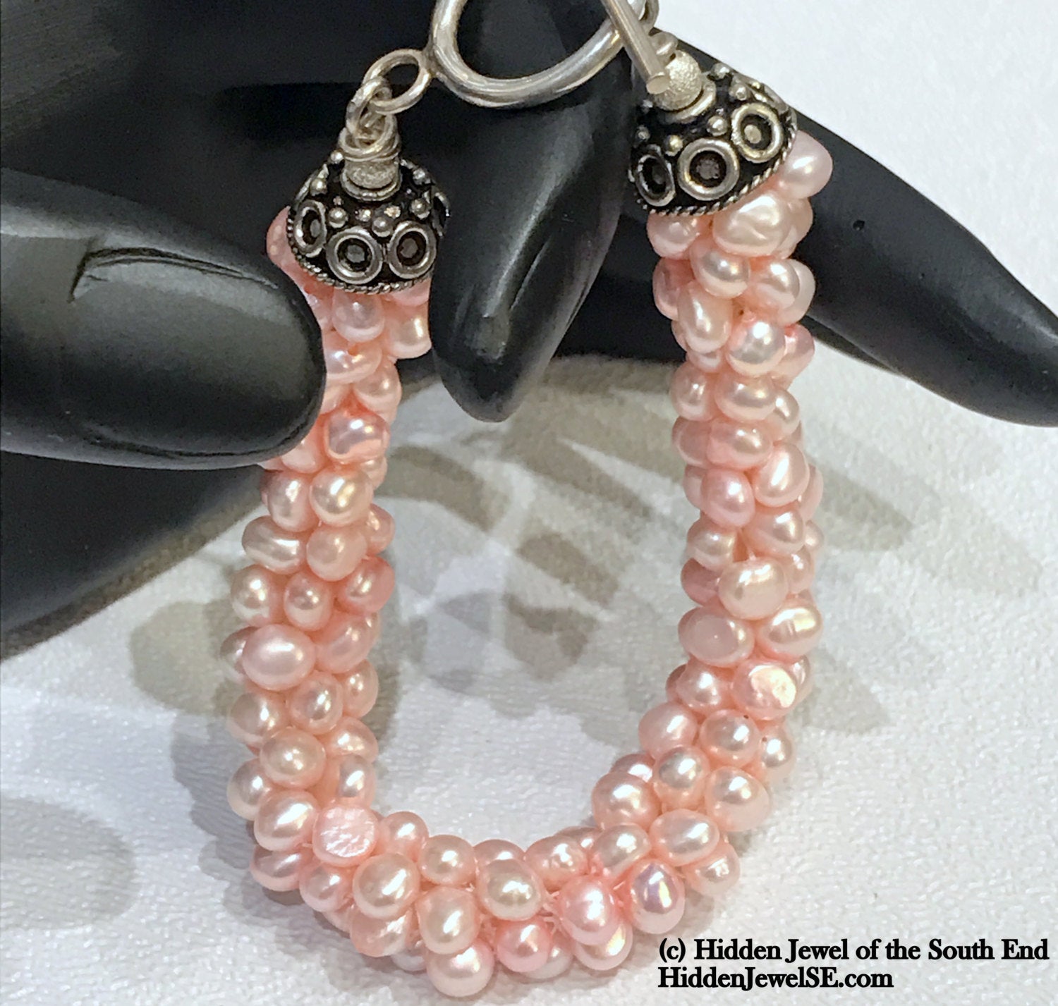 Peach Fresh-water Pearl crocheted bracelet, pink bangle