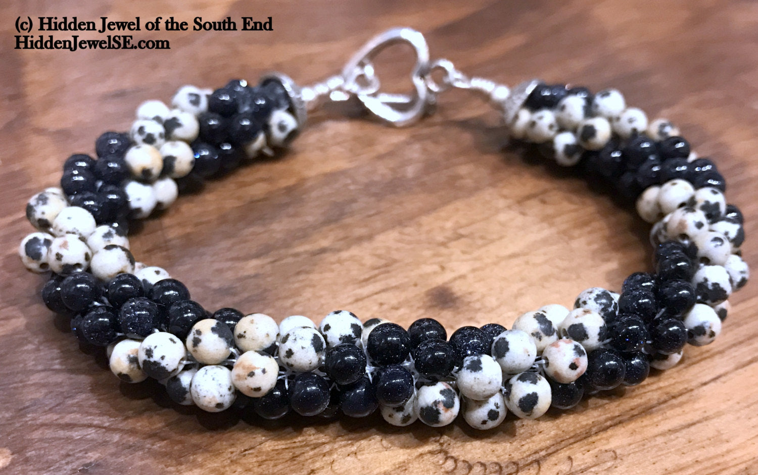 Dalmatian Jasper and blue goldstone crocheted bracelet, jewelry