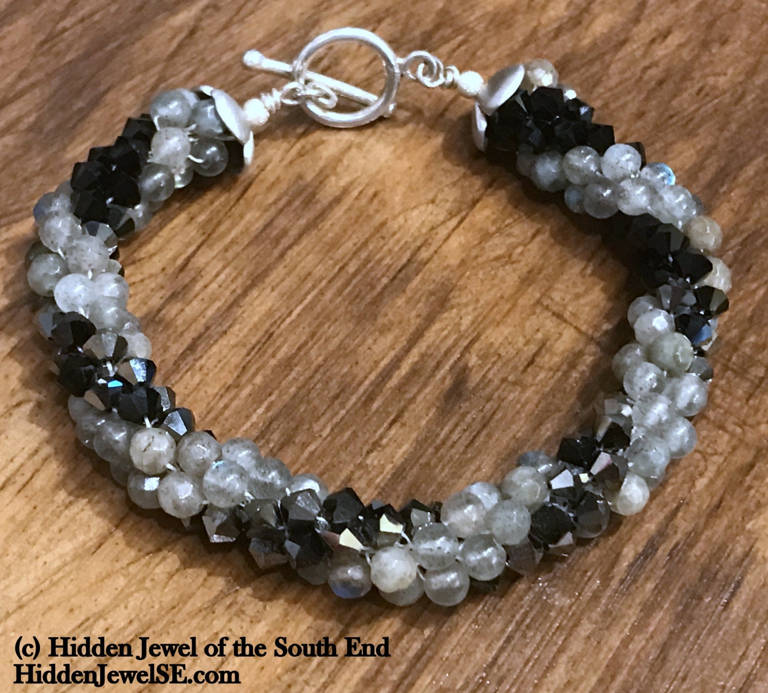 Jet Black Swarovski and Labradorite Crocheted Bracelet, jewelry