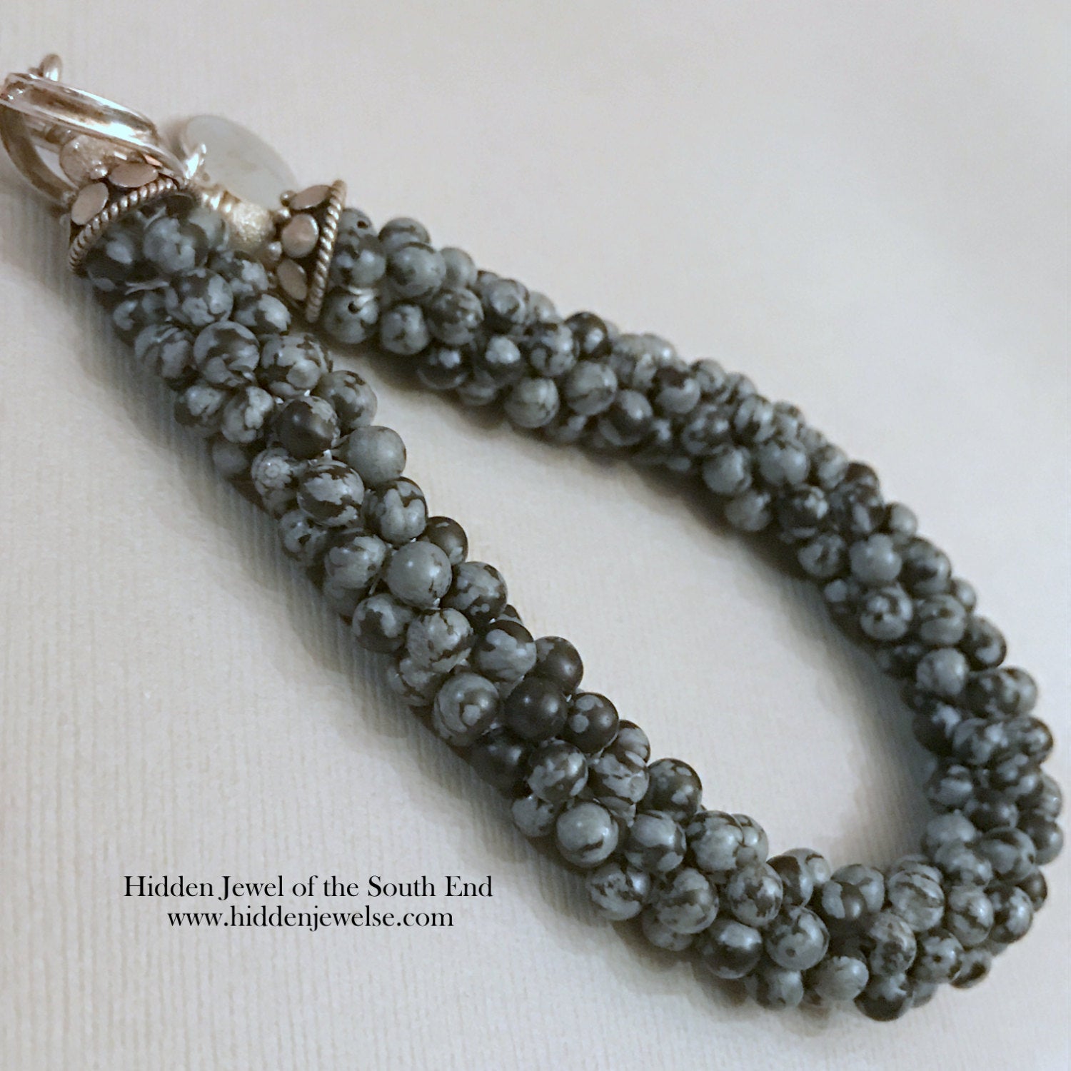Snowflake Jasper Crocheted Bracelet with sterling clasp